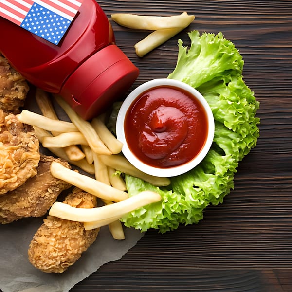 Crispy fried chicken, golden fries, fresh lettuce, and ketchup on a dark wooden table.