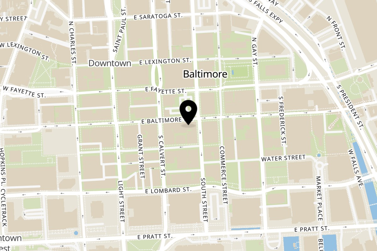 Map showing the location of American Fish & Chicken American Fish & Chicken on 227 E Baltimore St in Baltimore